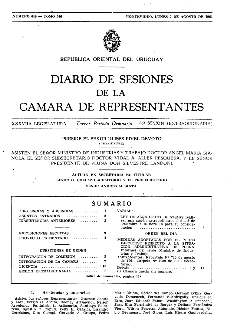 DIARIO DE SESIONES DE LA CAMARA DE REPRESENTANTES del 07/08/1961